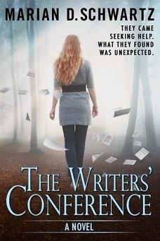 Book cover showing a woman walking alone at writers’ conference with manuscript papers flying around her.